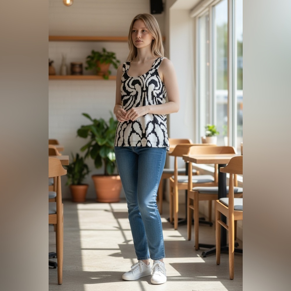 WHBM Black & White Graphic Print Sleeveless Shell | XS | Bold Damask